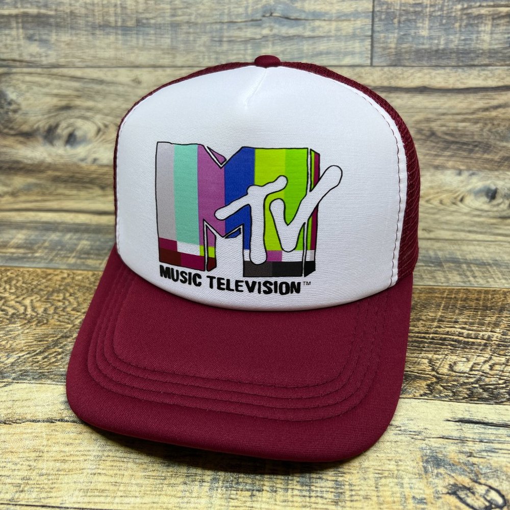 MTV Mens Trucker Hat Maroon Snapback Retro 80s Logo Music Television Ball Cap